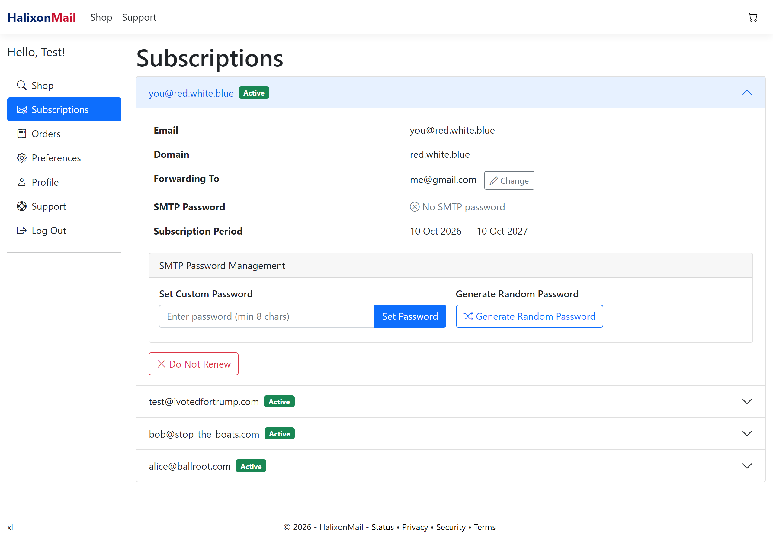 The HalixonMail portal showing an email address forwarding to a personal inbox